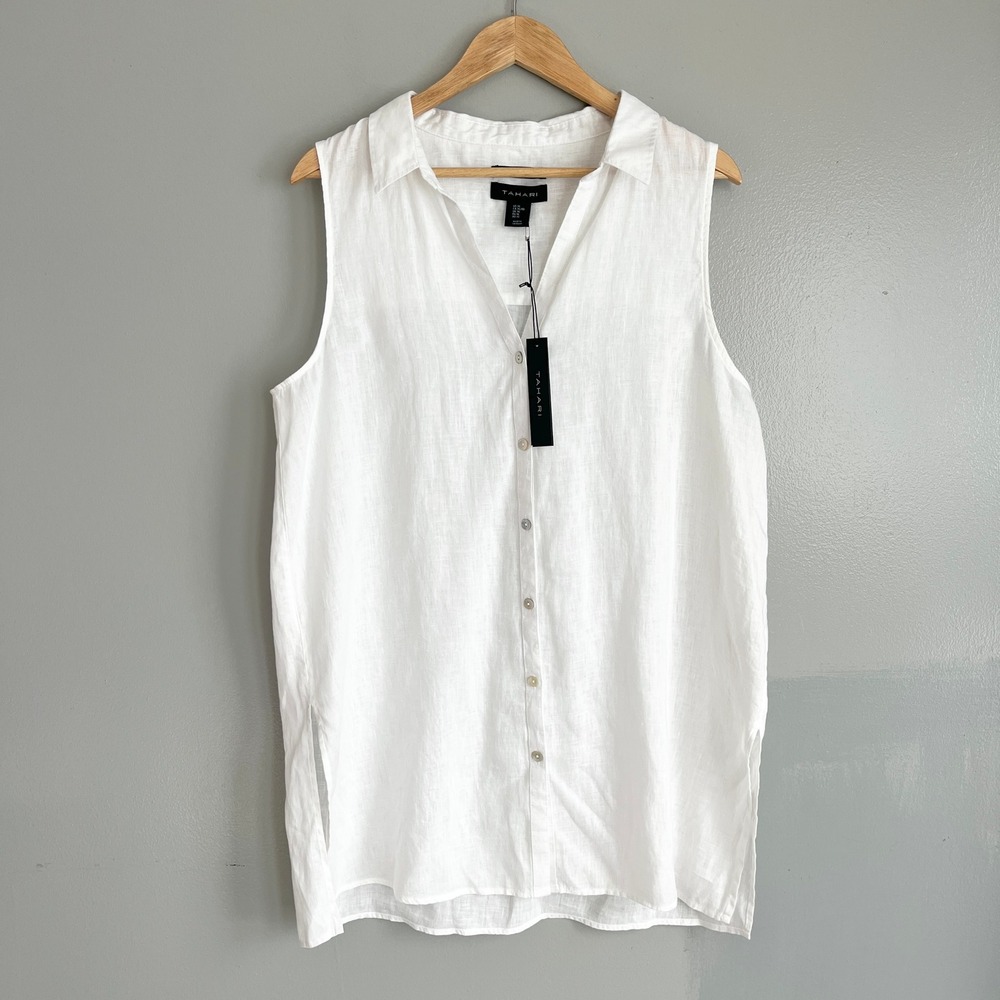Tahari Linen Shirt Dress Womens XL White Button Tunic Coastal Minimalist NWT